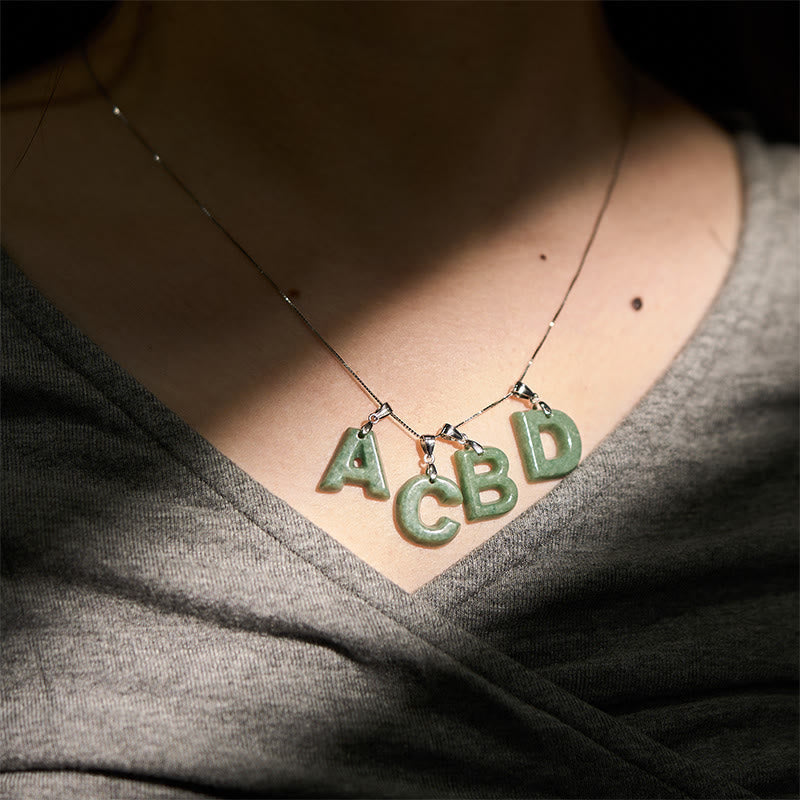 Fortune Jewel "May You Find Your Own Meaning" Natural A-Z Letter Jade 925 Sterling Silver Chain Necklace Includes Gift Message Card - Fortune Jewel