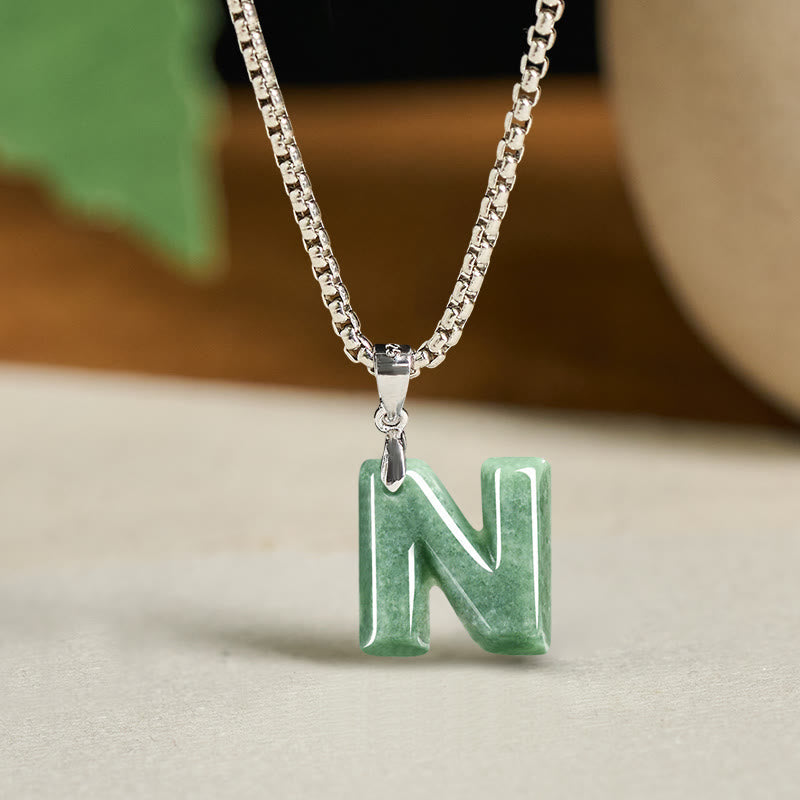 Fortune Jewel Natural A-Z Letter Jade Titanium Steel Wide Chain Prosperity Necklace Pendant - Fortune Jewel