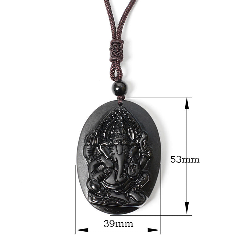 Fortune Jewel Ganesh Elephant Relief Design Natural Black Obsidian Strength Necklace Pendant - Fortune Jewel