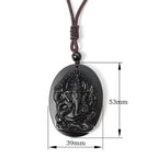 Fortune Jewel Ganesh Elephant Relief Design Natural Black Obsidian Strength Necklace Pendant - Fortune Jewel