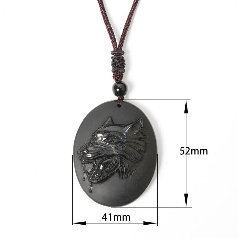 Fortune Jewel Wolf Head Natural Black Obsidian Strength Necklace Pendant - Fortune Jewel