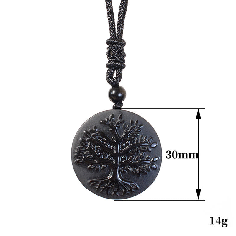 Buddha Stones Natural The Tree of Life Pattern Black Obsidian Transformation Necklace Pendant - Fortune Jewel