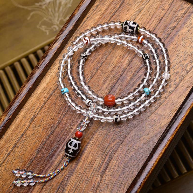 Fortune Jewel 108 Beads Liuli Crystal Dzi Bead Agate Blessings Tassel Mala - Fortune Jewel