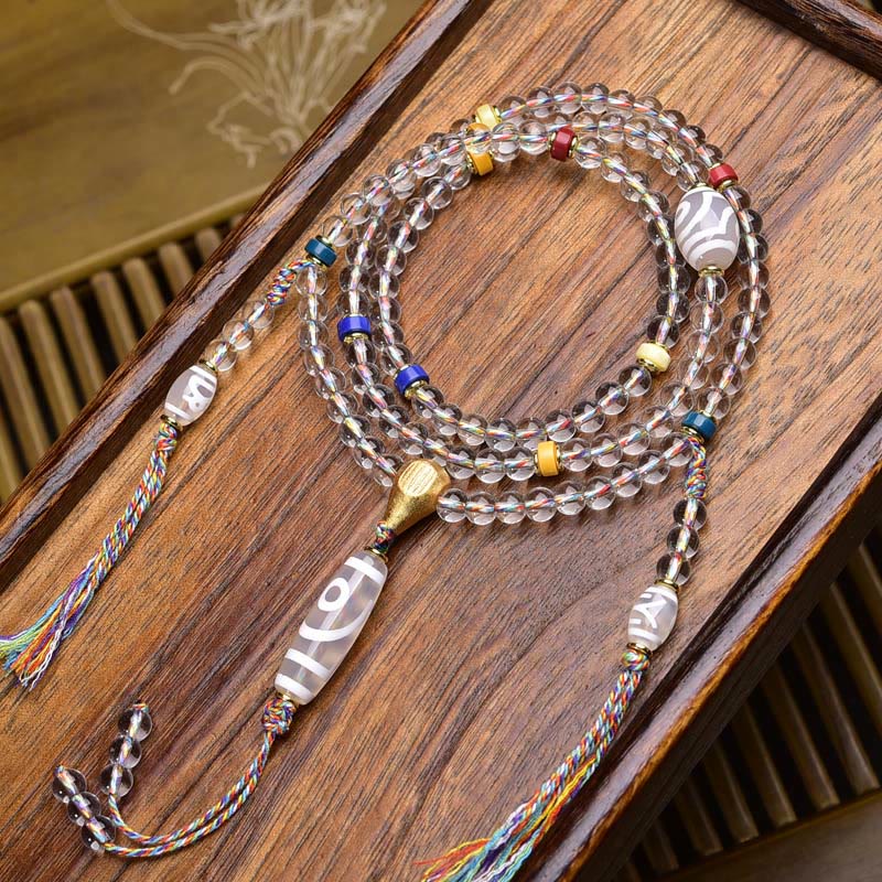 Fortune Jewel 108 Beads Liuli Crystal Dzi Bead Agate Blessings Tassel Mala - Fortune Jewel