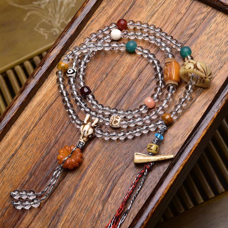 Fortune Jewel 108 Beads Liuli Crystal Dzi Bead Agate Blessings Tassel Mala - Fortune Jewel
