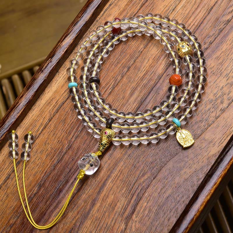 Fortune Jewel 108 Beads Liuli Crystal Dzi Bead Agate Blessings Tassel Mala - Fortune Jewel