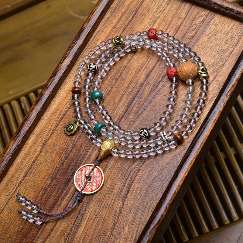 Fortune Jewel 108 Beads Liuli Crystal Dzi Bead Agate Blessings Tassel Mala - Fortune Jewel