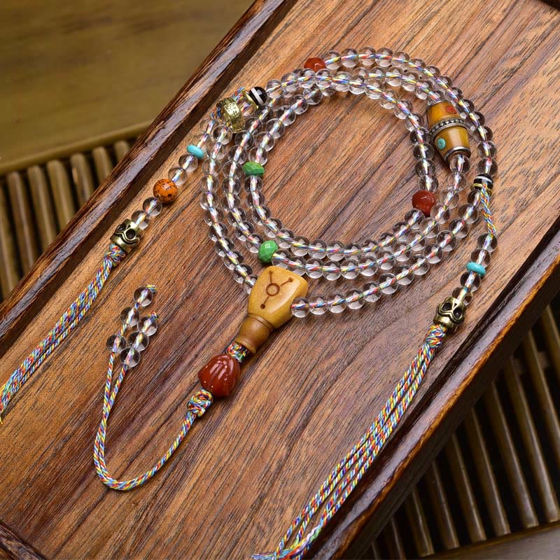 Fortune Jewel 108 Beads Liuli Crystal Dzi Bead Agate Blessings Tassel Mala - Fortune Jewel