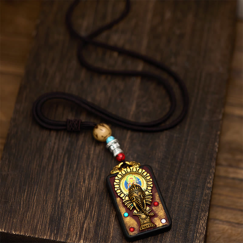 Fortune Jewel Tibetan Ganesh Ganpati Elephant Ebony Wood Rope Peace Necklace Pendant - Fortune Jewel