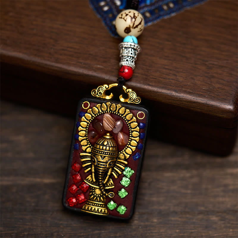 Fortune Jewel Tibetan Ganesh Ganpati Elephant Ebony Wood Rope Peace Necklace Pendant - Fortune Jewel
