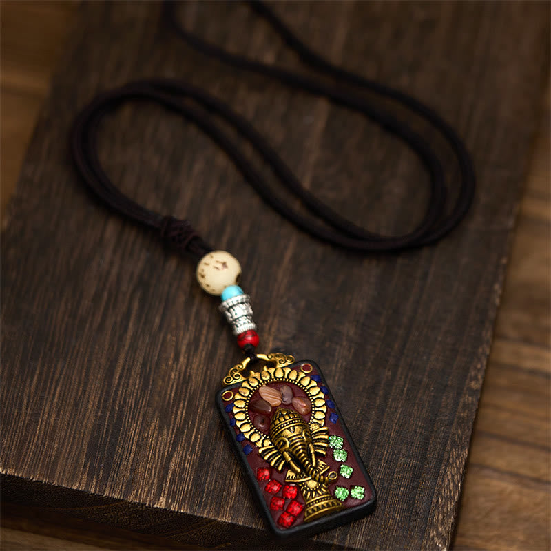 Fortune Jewel Tibetan Ganesh Ganpati Elephant Ebony Wood Rope Peace Necklace Pendant - Fortune Jewel