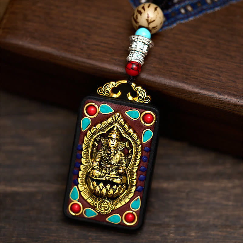 Fortune Jewel Tibetan Ganesh Ganpati Elephant Ebony Wood Rope Peace Necklace Pendant - Fortune Jewel