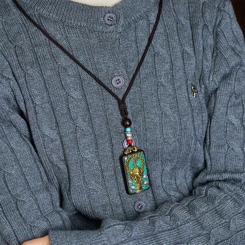 Fortune Jewel Tibetan Ganesh Ganpati Elephant Ebony Wood Rope Peace Necklace Pendant - Fortune Jewel