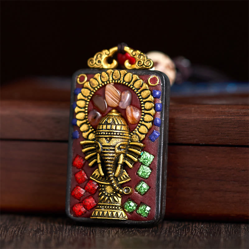 Fortune Jewel Tibetan Ganesh Ganpati Elephant Ebony Wood Rope Peace Necklace Pendant - Fortune Jewel