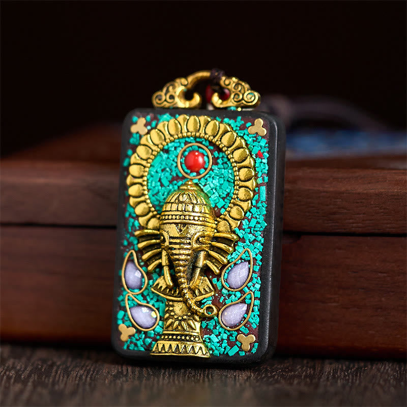 Fortune Jewel Tibetan Ganesh Ganpati Elephant Ebony Wood Rope Peace Necklace Pendant - Fortune Jewel