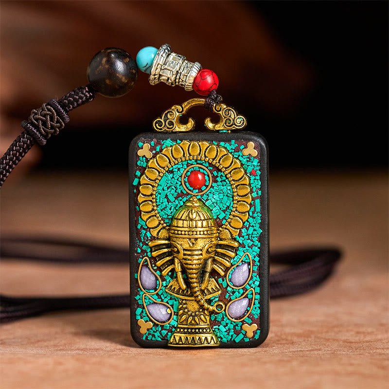 Fortune Jewel Tibetan Ganesh Ganpati Elephant Ebony Wood Rope Peace Necklace Pendant - Fortune Jewel