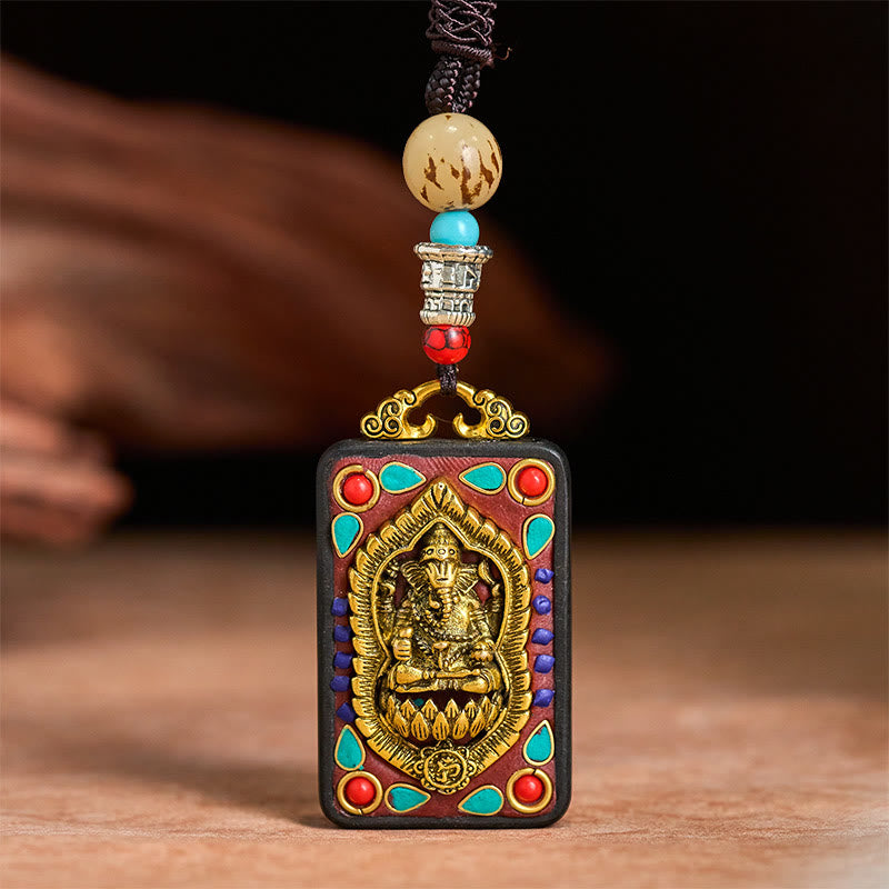 Fortune Jewel Tibetan Ganesh Ganpati Elephant Ebony Wood Rope Peace Necklace Pendant - Fortune Jewel
