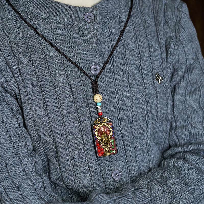 Fortune Jewel Tibetan Ganesh Ganpati Elephant Ebony Wood Rope Peace Necklace Pendant - Fortune Jewel
