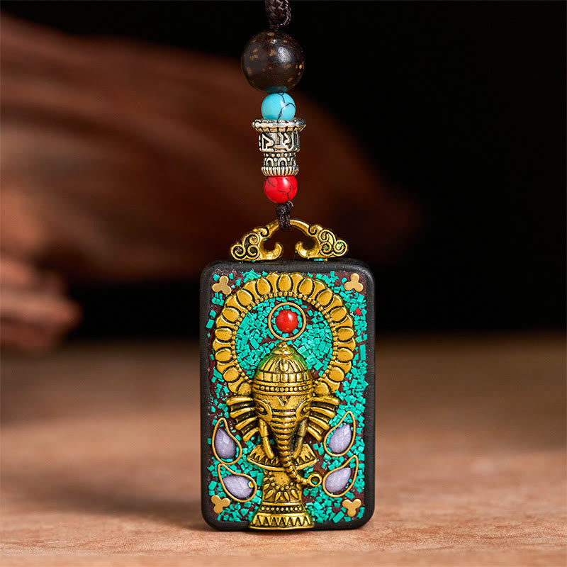 Fortune Jewel Tibetan Ganesh Ganpati Elephant Ebony Wood Rope Peace Necklace Pendant - Fortune Jewel