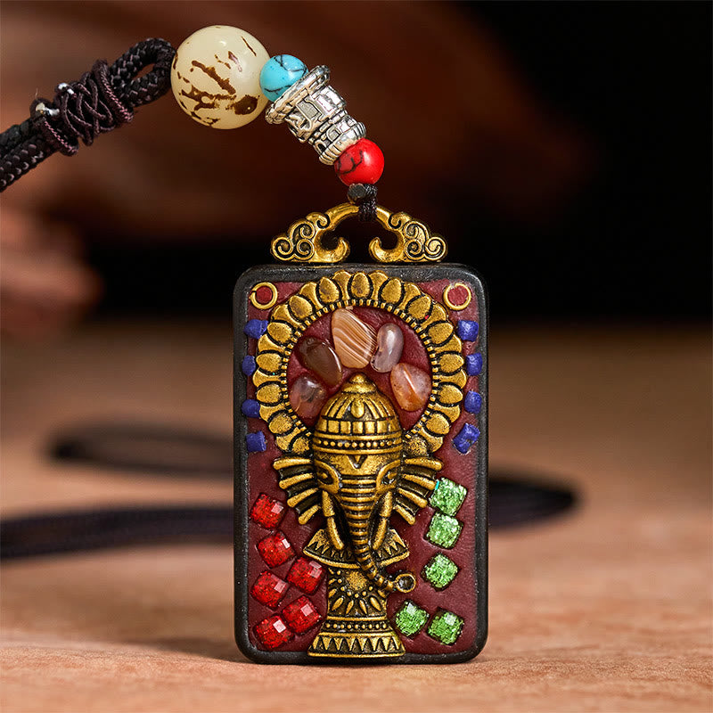 Fortune Jewel Tibetan Ganesh Ganpati Elephant Ebony Wood Rope Peace Necklace Pendant - Fortune Jewel