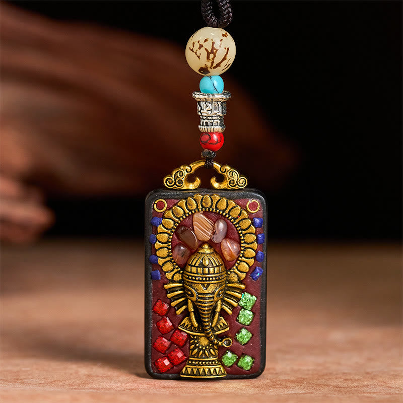 Fortune Jewel Tibetan Ganesh Ganpati Elephant Ebony Wood Rope Peace Necklace Pendant - Fortune Jewel