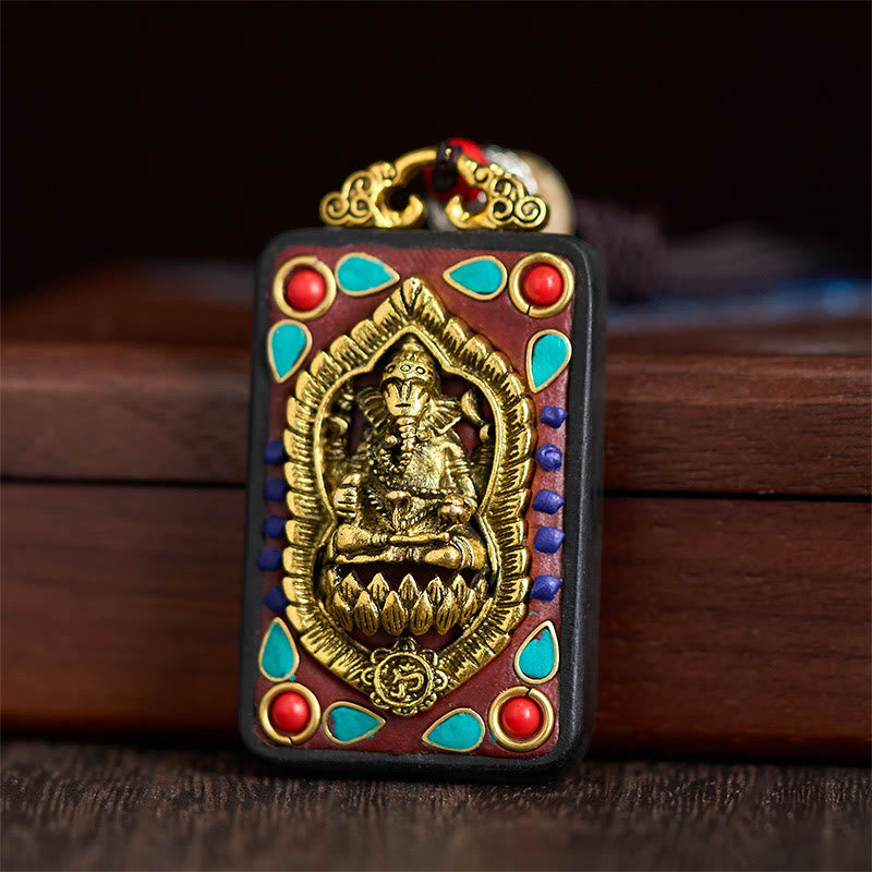 Fortune Jewel Tibetan Ganesh Ganpati Elephant Ebony Wood Rope Peace Necklace Pendant - Fortune Jewel