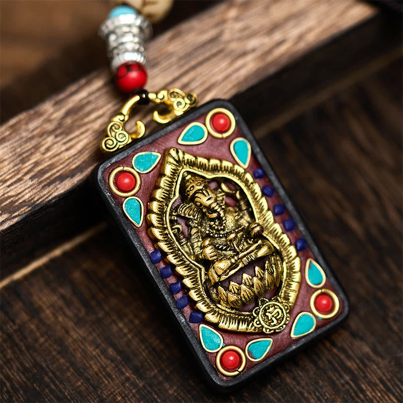 Fortune Jewel Tibetan Ganesh Ganpati Elephant Ebony Wood Rope Peace Necklace Pendant - Fortune Jewel