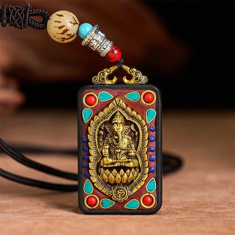 Fortune Jewel Tibetan Ganesh Ganpati Elephant Ebony Wood Rope Peace Necklace Pendant - Fortune Jewel
