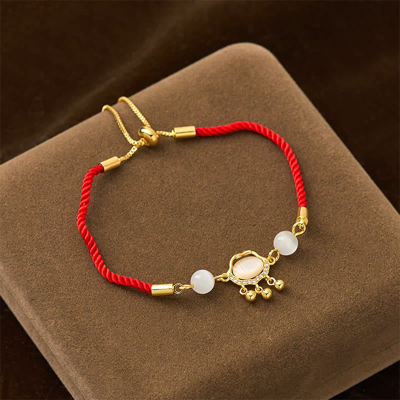 Fortune Jewel Chinese Lock Charm Cat's Eye Red String Copper Plated Gold Protection Bracelet - Fortune Jewel