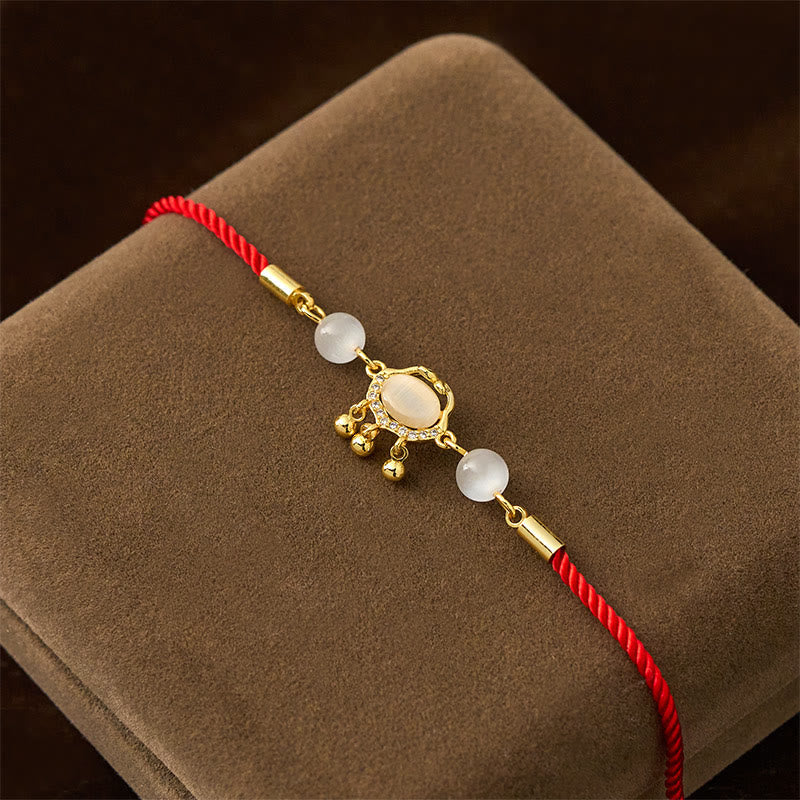Fortune Jewel Chinese Lock Charm Cat's Eye Red String Copper Plated Gold Protection Bracelet - Fortune Jewel