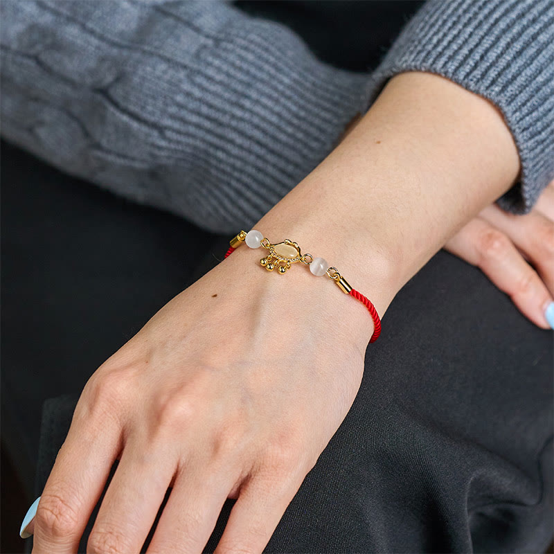 Fortune Jewel Chinese Lock Charm Cat's Eye Red String Copper Plated Gold Protection Bracelet - Fortune Jewel