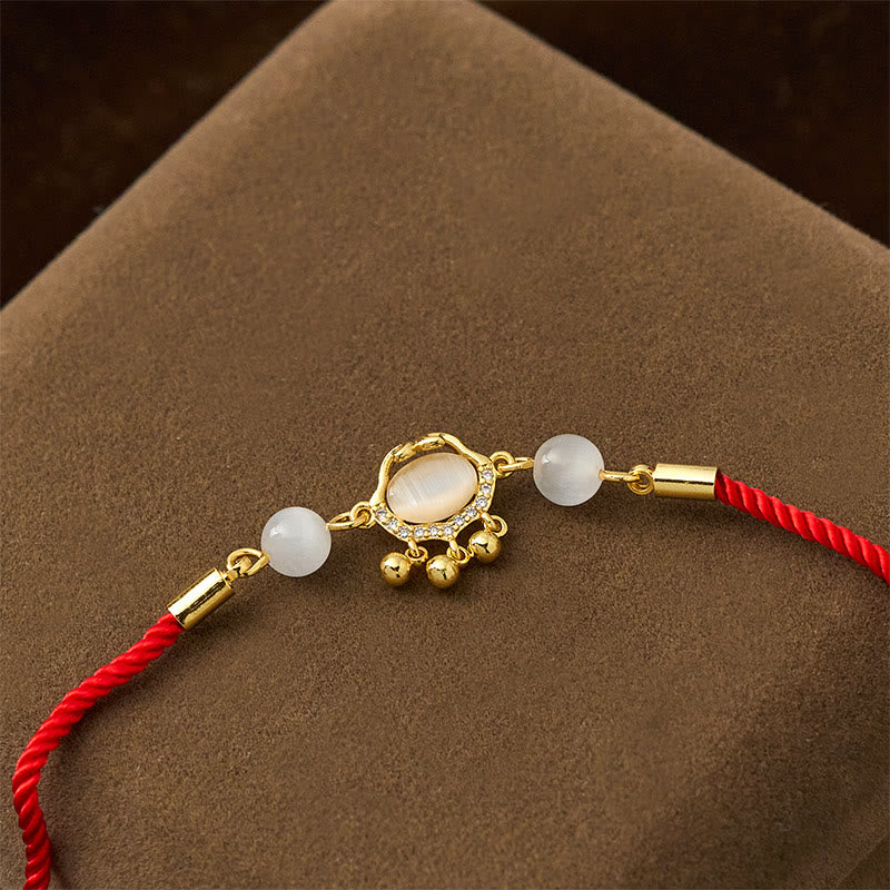 Fortune Jewel Chinese Lock Charm Cat's Eye Red String Copper Plated Gold Protection Bracelet - Fortune Jewel