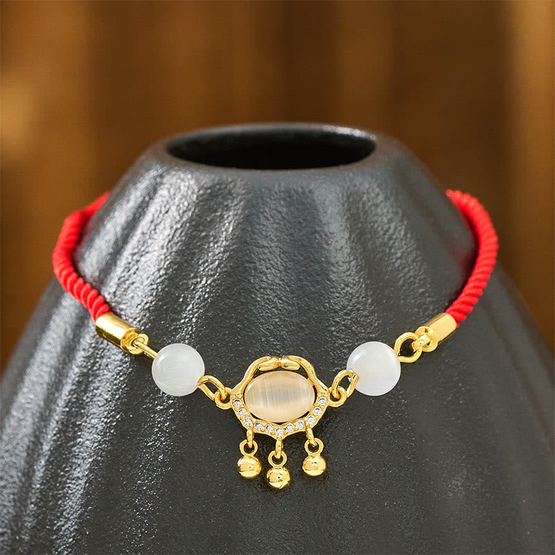 Fortune Jewel Chinese Lock Charm Cat's Eye Red String Copper Plated Gold Protection Bracelet - Fortune Jewel