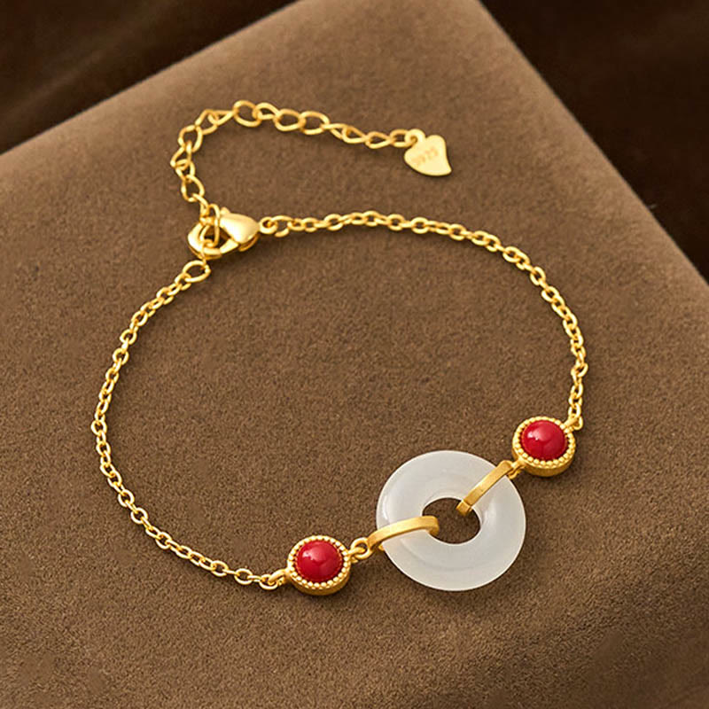 Fortune Jewel Peace Buckle Hetian White Jade Copper Plated Gold Protection Bracelet - Fortune Jewel