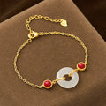 Fortune Jewel Peace Buckle Hetian White Jade Copper Plated Gold Protection Bracelet - Fortune Jewel