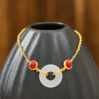 Fortune Jewel Peace Buckle Hetian White Jade Copper Plated Gold Protection Bracelet - Fortune Jewel