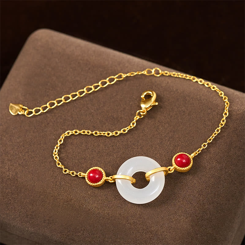 Fortune Jewel Peace Buckle Hetian White Jade Copper Plated Gold Protection Bracelet - Fortune Jewel