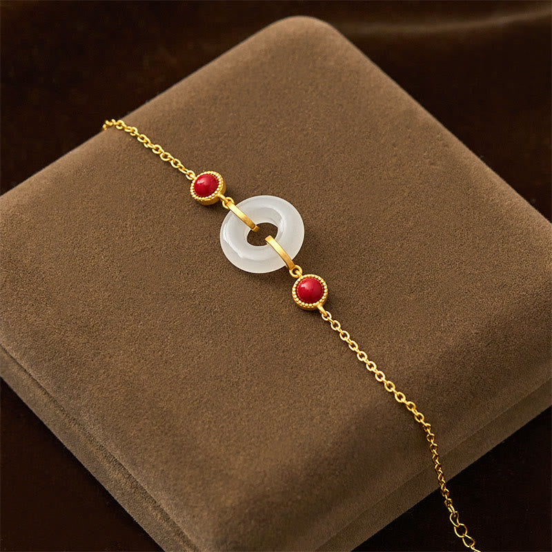 Fortune Jewel Peace Buckle Hetian White Jade Copper Plated Gold Protection Bracelet - Fortune Jewel