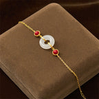 Fortune Jewel Peace Buckle Hetian White Jade Copper Plated Gold Protection Bracelet - Fortune Jewel