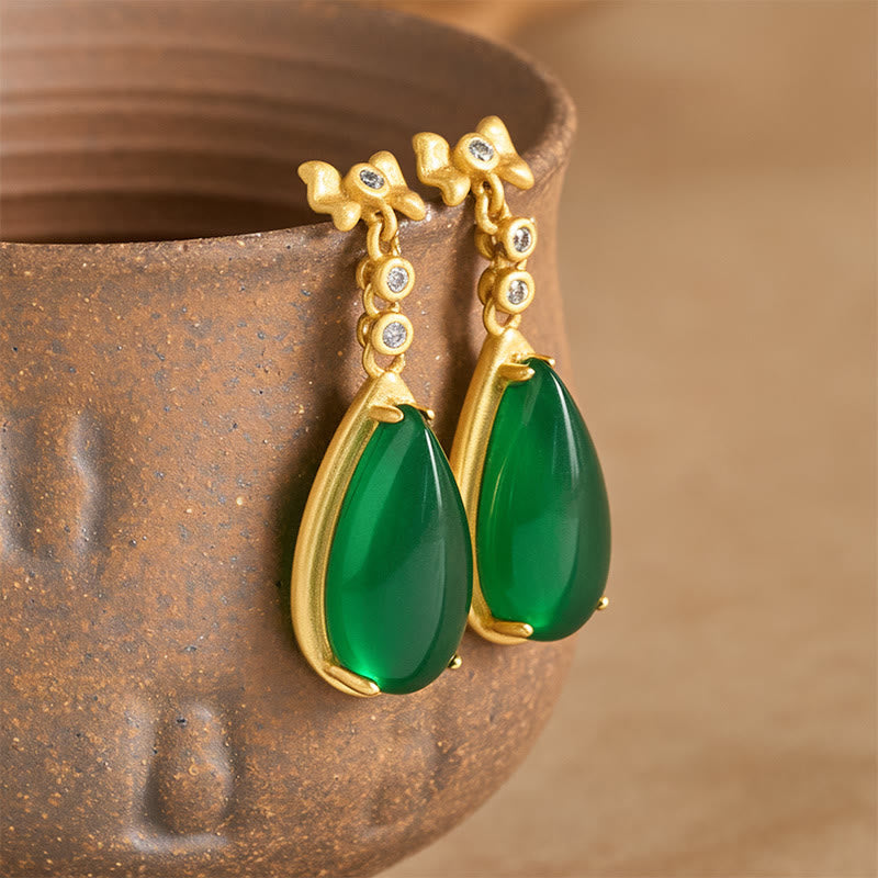 Fortune Jewel Waterdrop Design Green Jasper Copper Plated Gold Balance Earrings - Fortune Jewel