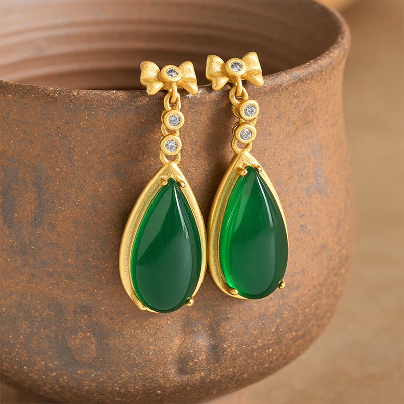 Fortune Jewel Waterdrop Design Green Jasper Copper Plated Gold Balance Earrings - Fortune Jewel