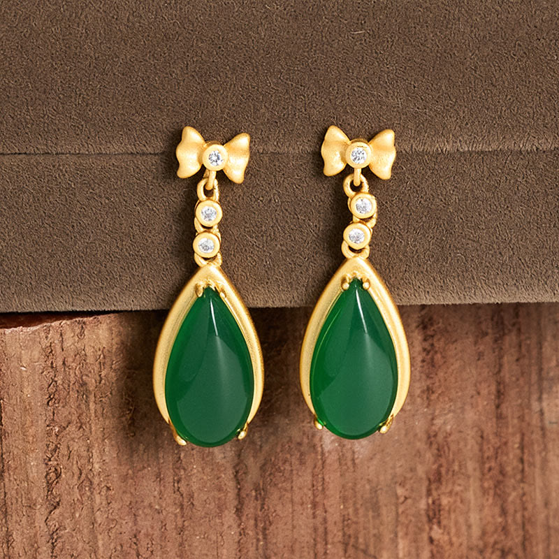 Fortune Jewel Waterdrop Design Green Jasper Copper Plated Gold Balance Earrings - Fortune Jewel