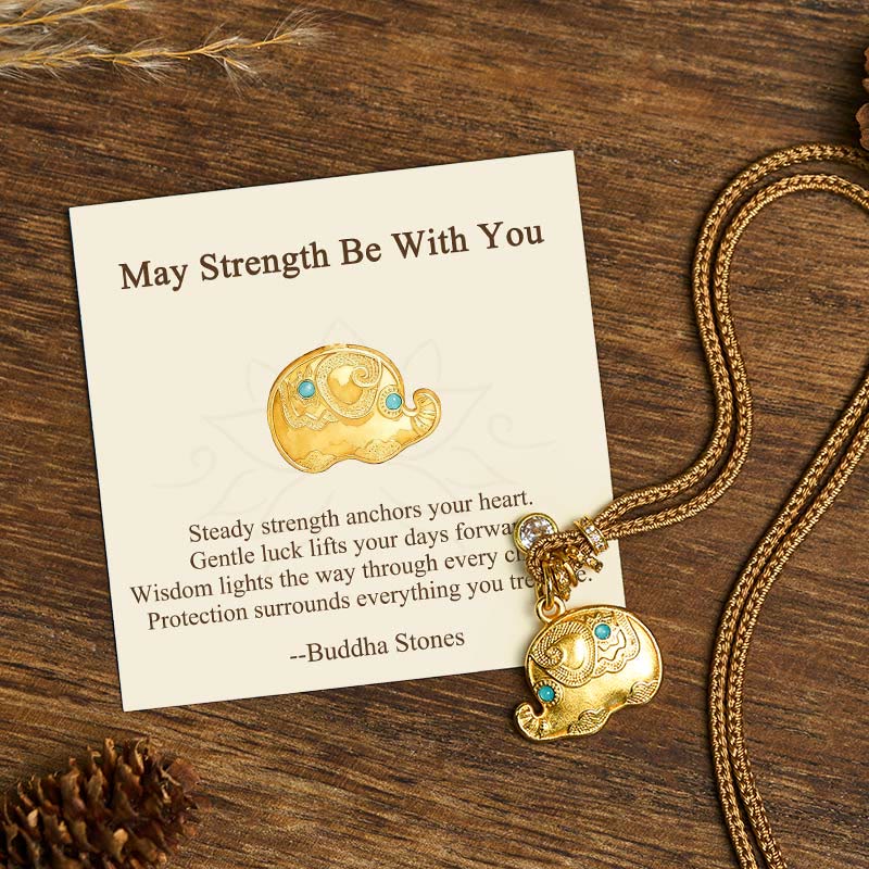 Fortune Jewel "May Strength Be With You" 24k Gold Plated Brass Elephant Necklace Includes Gift Message Card