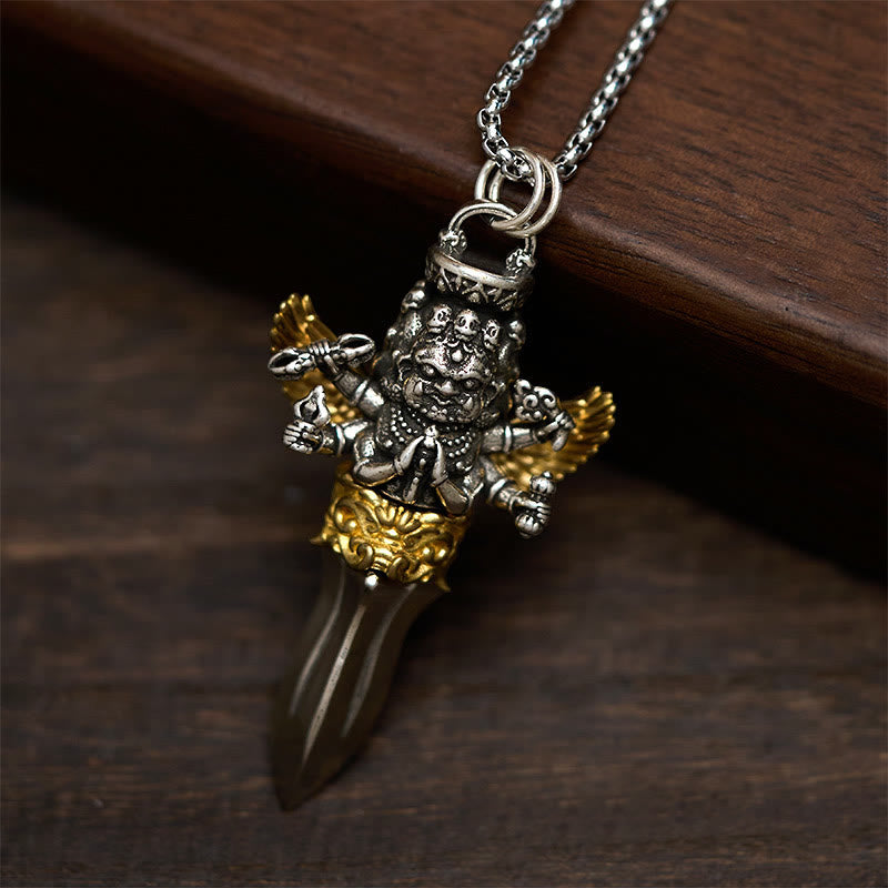 Fortune Jewel Tibetan Vajra Three Heads Six Arms Design Copper Healing Spiritual Power Necklace Pendant - Fortune Jewel