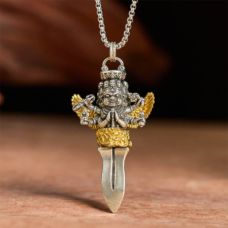 Fortune Jewel Tibetan Vajra Three Heads Six Arms Design Copper Healing Spiritual Power Necklace Pendant - Fortune Jewel