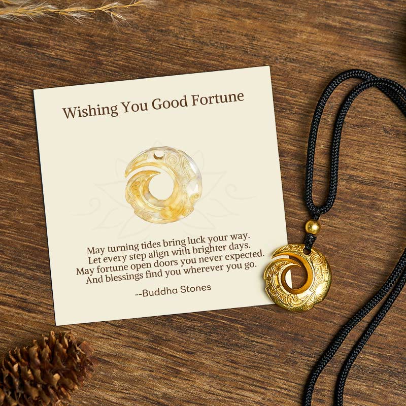 Fortune Jewel "Wishing You Good Fortune" 24k Gold Plated Brass Peace Buckle Black Rope Necklace Includes Gift Message Card - Fortune Jewel