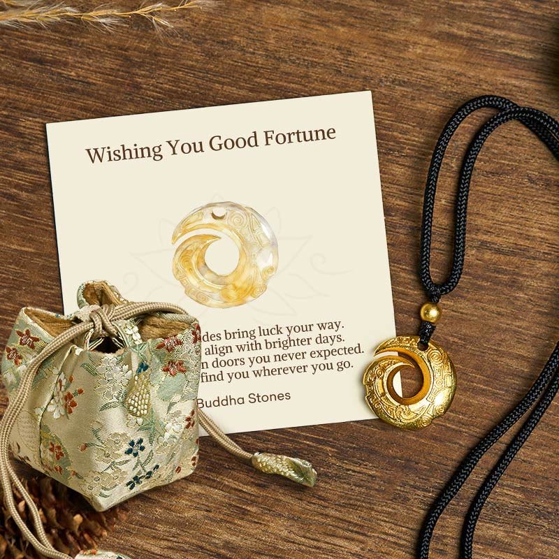 Fortune Jewel "Wishing You Good Fortune" 24k Gold Plated Brass Peace Buckle Black Rope Necklace Includes Gift Message Card - Fortune Jewel