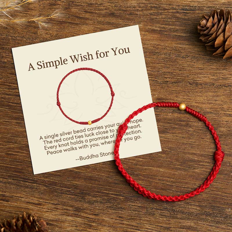 Buddha Stones "A Simple Wish for You" 925 Sterling Silver Plated Gold Single Bead Red Rope Bracelet Anklet Includes Gift Message Card - Fortune Jewel
