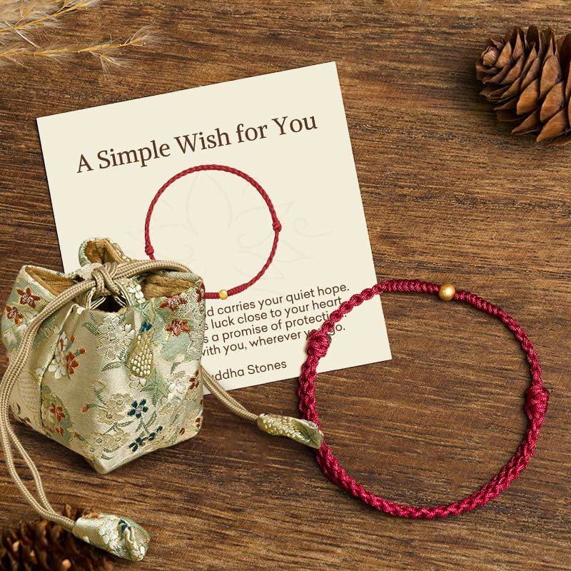 Buddha Stones "A Simple Wish for You" 925 Sterling Silver Plated Gold Single Bead Red Rope Bracelet Anklet Includes Gift Message Card - Fortune Jewel