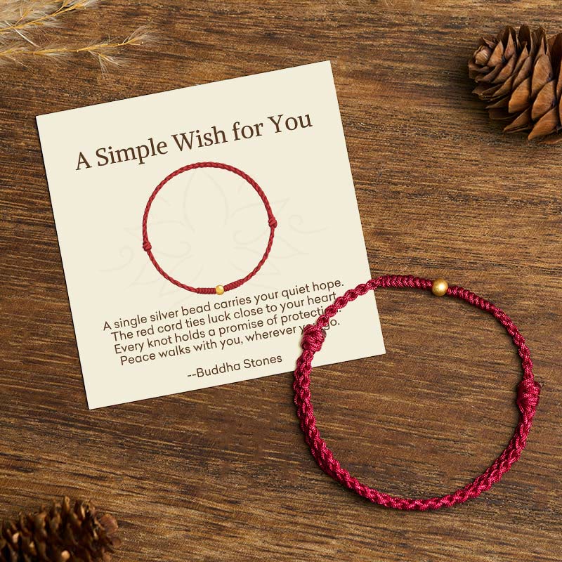 Buddha Stones "A Simple Wish for You" 925 Sterling Silver Plated Gold Single Bead Red Rope Bracelet Anklet Includes Gift Message Card - Fortune Jewel